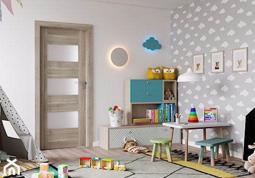 Inspiracje - Średni biały szary pokój dziecka dla dziecka dla chłopca dla dziewczynki, styl skandynawski - zdjęcie od PORTA DRZWI