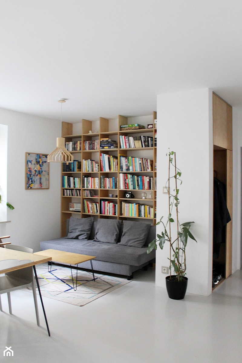 Konkurs O!Twórz Mieszkanie - Średni szary salon z jadalnią z bibiloteczką, styl minimalistyczny - zdjęcie od PORTA DRZWI