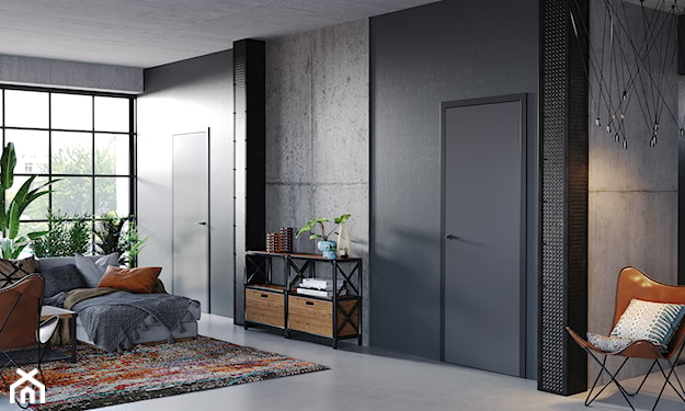 nowoczesny salon, styl industrialny, czarne drzwi