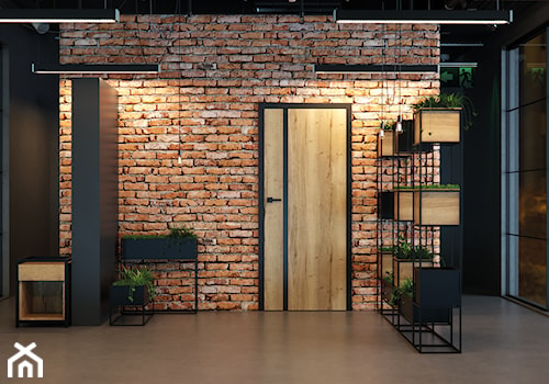 Inspiracje - Duży z zabudową meblową brązowy czarny szary z farbą na ścianie z drewnianymi drzwiami z gładkimi drzwiami hol / przedpokój, styl industrialny - zdjęcie od PORTA DRZWI
