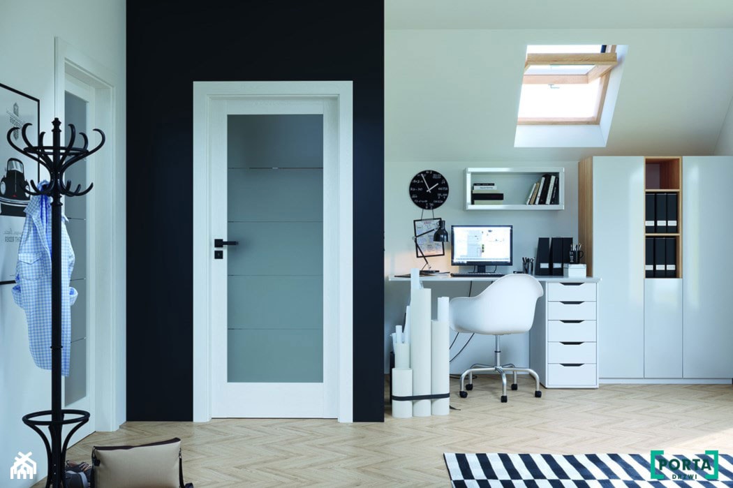 Inspiracje - Średnie w osobnym pomieszczeniu białe czarne żółte biuro, styl nowoczesny - zdjęcie od PORTA DRZWI - Homebook