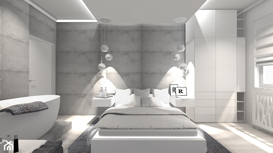 MIESZKANIE DLA SINGLA - Duża biała szara sypialnia z łazienką, styl minimalistyczny - zdjęcie od KRET'''KA PRACOWNIA PROJEKTOWA