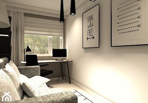 MIESZKANIE MŁODEGO MAŁŻEŃSTWA - Małe w osobnym pomieszczeniu z sofą białe biuro, styl skandynawski - zdjęcie od KRET'''KA PRACOWNIA PROJEKTOWA