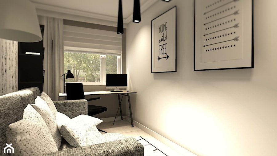 MIESZKANIE MŁODEGO MAŁŻEŃSTWA - Małe w osobnym pomieszczeniu z sofą białe biuro, styl skandynawski - zdjęcie od KRET'''KA PRACOWNIA PROJEKTOWA