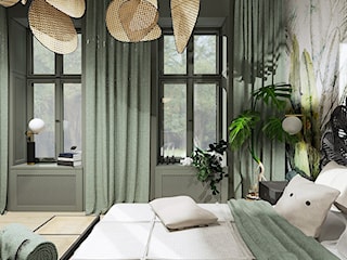 Zielona egzotyczna sypialnia z plecionką wiedeńską