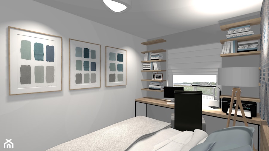 PASTELOWE MIESZKANIE - Mała szara z biurkiem sypialnia, styl minimalistyczny - zdjęcie od KRET'''KA PRACOWNIA PROJEKTOWA