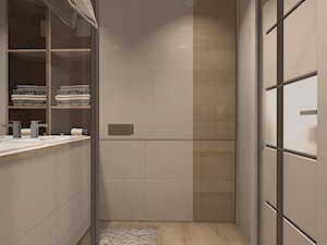 MIESZKANIE W CIEPŁYCH ODCIENIACH NATURY - Mała na poddaszu bez okna z lustrem z dwoma umywalkami łazienka, styl minimalistyczny - zdjęcie od KRET'''KA PRACOWNIA PROJEKTOWA