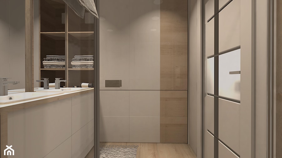 MIESZKANIE W CIEPŁYCH ODCIENIACH NATURY - Mała na poddaszu bez okna z lustrem z dwoma umywalkami łazienka, styl minimalistyczny - zdjęcie od KRET'''KA PRACOWNIA PROJEKTOWA