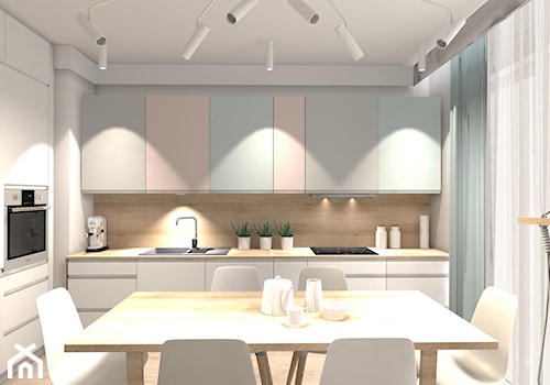 PASTELOWE MIESZKANIE - Średnia z salonem beżowa biała z zabudowaną lodówką z podblatowym zlewozmywakiem kuchnia w kształcie litery l z oknem, styl minimalistyczny - zdjęcie od KRET'''KA PRACOWNIA PROJEKTOWA