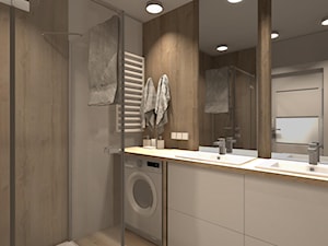 MIESZKANIE W CIEPŁYCH ODCIENIACH NATURY - Średnia na poddaszu bez okna z pralką / suszarką z lustrem z dwoma umywalkami łazienka, styl minimalistyczny - zdjęcie od KRET'''KA PRACOWNIA PROJEKTOWA
