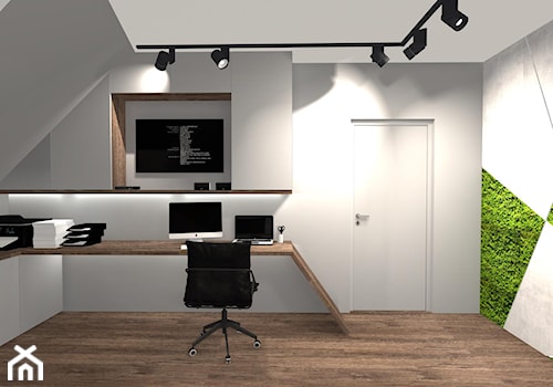 DOM ZE SKOSAMI W SUROWYM KLIMACIE - Średnie z zabudowanym biurkiem szare biuro, styl minimalistyczny - zdjęcie od KRET'''KA PRACOWNIA PROJEKTOWA