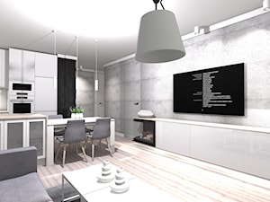 MIESZKANIE W JASNEJ PALECIE - Średni szary salon z kuchnią z jadalnią, styl minimalistyczny - zdjęcie od KRET'''KA PRACOWNIA PROJEKTOWA