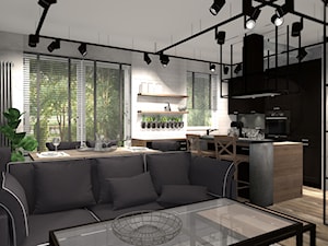 MIESZKANIE W MĘSKIM STYLU - Mały biały szary salon z kuchnią z jadalnią, styl industrialny - zdjęcie od KRET'''KA PRACOWNIA PROJEKTOWA