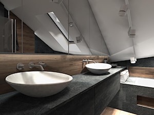 DOM ZE SKOSAMI W SUROWYM KLIMACIE - Średnia na poddaszu z lustrem łazienka z oknem, styl minimalistyczny - zdjęcie od KRET'''KA PRACOWNIA PROJEKTOWA