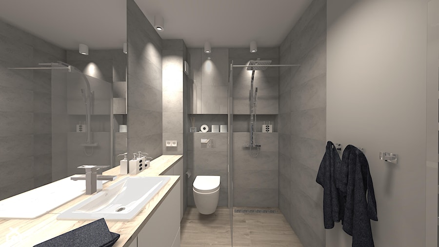 MIESZKANIE Z WIDOKIEM - Średnia bez okna z lustrem z punktowym oświetleniem łazienka, styl minimalistyczny - zdjęcie od KRET'''KA PRACOWNIA PROJEKTOWA