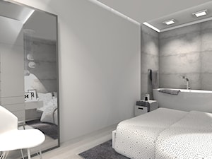 MIESZKANIE DLA SINGLA - Duża biała szara sypialnia z łazienką, styl minimalistyczny - zdjęcie od KRET'''KA PRACOWNIA PROJEKTOWA