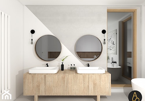Motyw przewodni jasne drewno - Mała bez okna z lustrem z dwoma umywalkami z marmurową podłogą łazienka, styl skandynawski - zdjęcie od Archistan