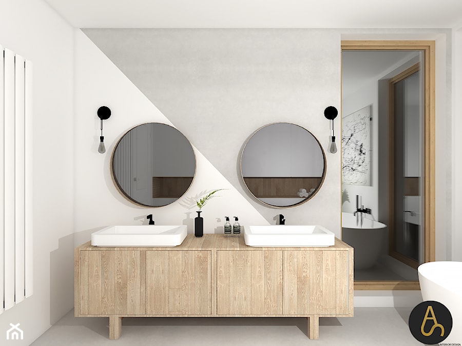 Motyw przewodni jasne drewno - Mała bez okna z lustrem z dwoma umywalkami z marmurową podłogą łazienka, styl skandynawski - zdjęcie od Archistan