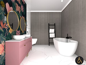 Tropiki - Duża bez okna z dwoma umywalkami z marmurową podłogą z punktowym oświetleniem łazienka - zdjęcie od Archistan