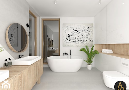 Motyw przewodni jasne drewno - Średnia z lustrem z dwoma umywalkami z marmurową podłogą z punktowym oświetleniem łazienka z oknem, styl skandynawski - zdjęcie od Archistan