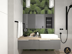 Tapeta tropikalna i mikrocement - Mała bez okna z lustrem łazienka, styl skandynawski - zdjęcie od Archistan