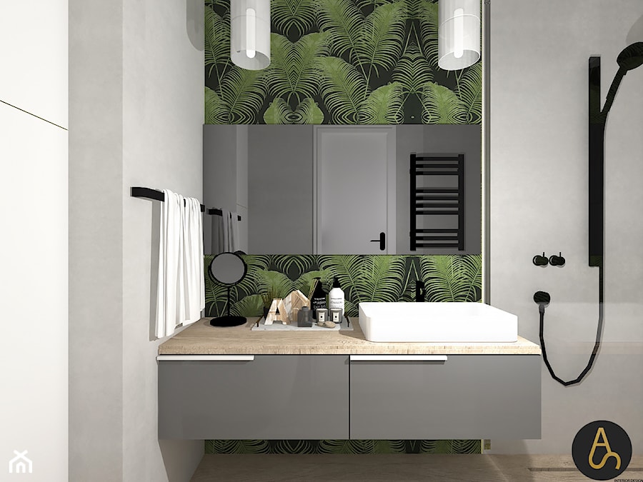 Tapeta tropikalna i mikrocement - Mała bez okna z lustrem łazienka, styl skandynawski - zdjęcie od Archistan