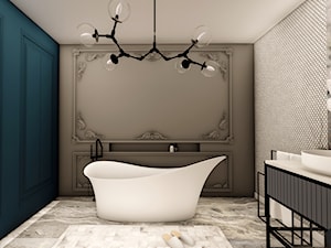 Łazienka z sztukaterią i tapetą - Średnia bez okna z lustrem z marmurową podłogą łazienka, styl glamour - zdjęcie od Archistan