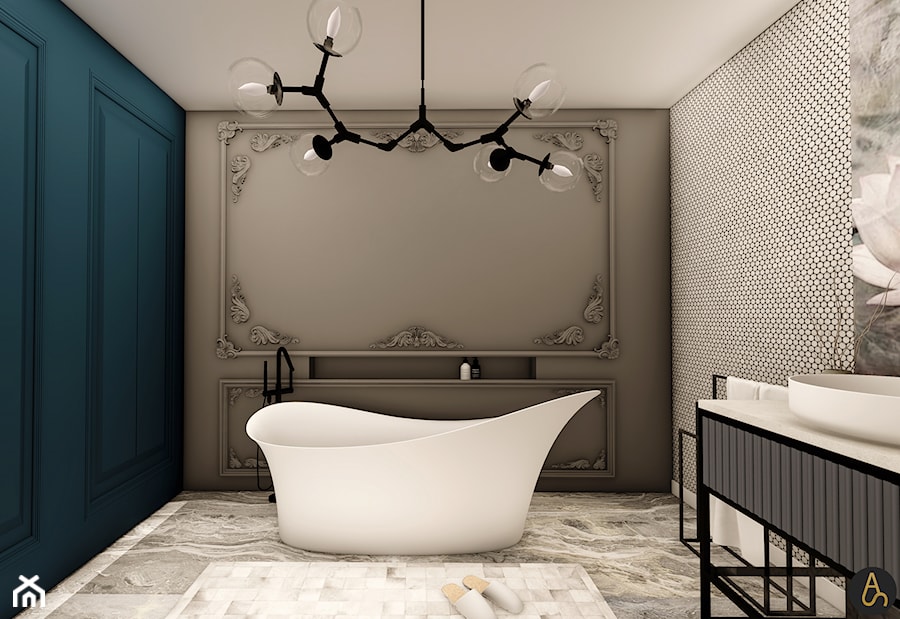 Łazienka z sztukaterią i tapetą - Średnia bez okna z lustrem z marmurową podłogą łazienka, styl glamour - zdjęcie od Archistan