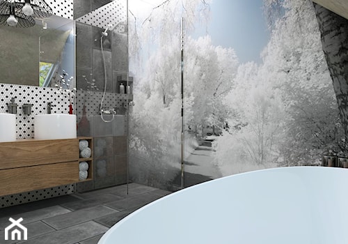 Dom Gdynia - Średnia na poddaszu z lustrem z dwoma umywalkami łazienka z oknem, styl industrialny - zdjęcie od Studio 23A