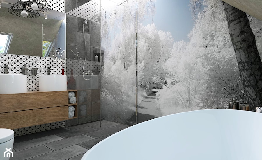 Dom Gdynia - Średnia na poddaszu z lustrem z dwoma umywalkami łazienka z oknem, styl industrialny - zdjęcie od Studio 23A