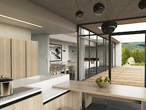 Minimalistycznie - dom Wejherowo - Mała otwarta z kamiennym blatem szara z zabudowaną lodówką z podblatowym zlewozmywakiem kuchnia w kształcie litery l z oknem, styl minimalistyczny - zdjęcie od Studio 23A