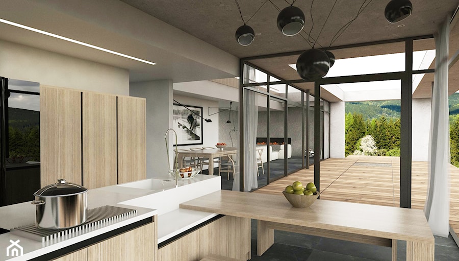 Minimalistycznie - dom Wejherowo - Mała otwarta z kamiennym blatem szara z zabudowaną lodówką z podblatowym zlewozmywakiem kuchnia w kształcie litery l z oknem, styl minimalistyczny - zdjęcie od Studio 23A