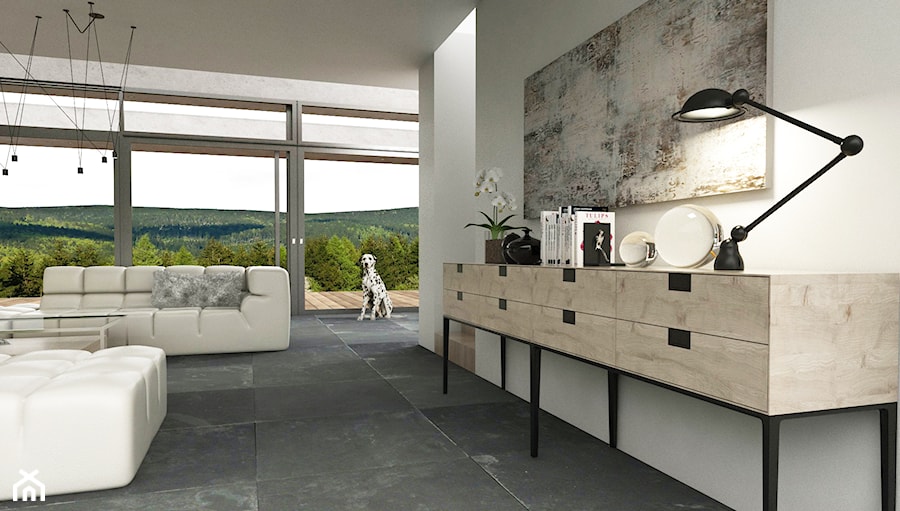 Minimalistycznie - dom Wejherowo - Duży biały salon z tarasem / balkonem, styl minimalistyczny - zdjęcie od Studio 23A