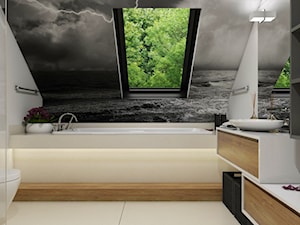 Dom Wygodny 2 Suchy Dwór - Mała na poddaszu z lustrem łazienka z oknem, styl nowoczesny - zdjęcie od Studio 23A