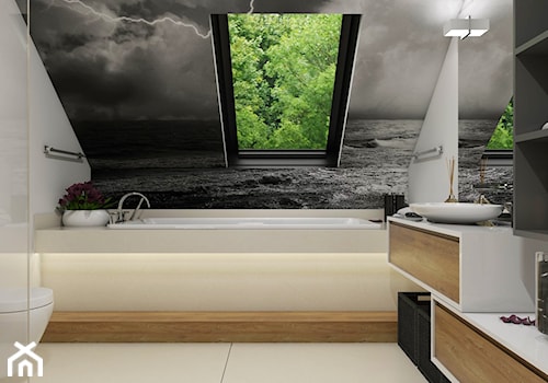 Dom Wygodny 2 Suchy Dwór - Mała na poddaszu z lustrem łazienka z oknem, styl nowoczesny - zdjęcie od Studio 23A