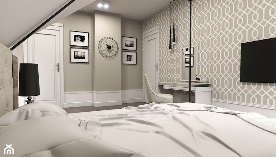 Dom w Kosówce - eklektycznie klasyczny - Średnia beżowa biała sypialnia na poddaszu, styl nowoczesny - zdjęcie od Studio 23A