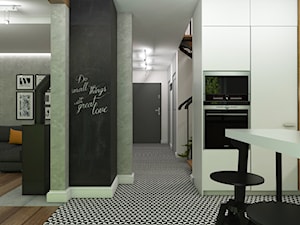 Dom Gdynia - Mała otwarta z kamiennym blatem biała czarna szara z zabudowaną lodówką kuchnia jednorzędowa, styl industrialny - zdjęcie od Studio 23A
