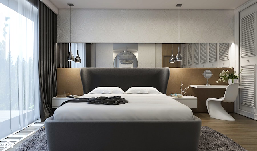 Apartament Nowe Orłowo - Duża pomarańczowa szara z biurkiem sypialnia, styl nowoczesny - zdjęcie od Studio 23A