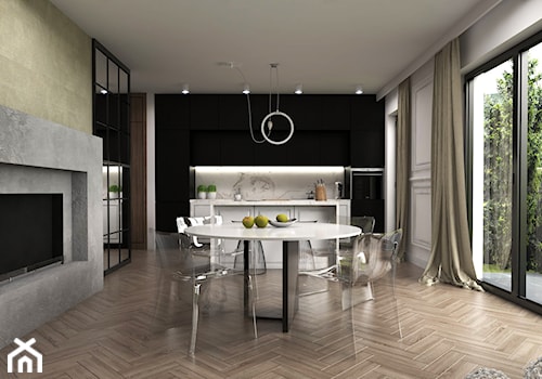Dom Przodkowo - modern classic - Szary salon z kuchnią z jadalnią z tarasem / balkonem, styl nowoczesny - zdjęcie od Studio 23A