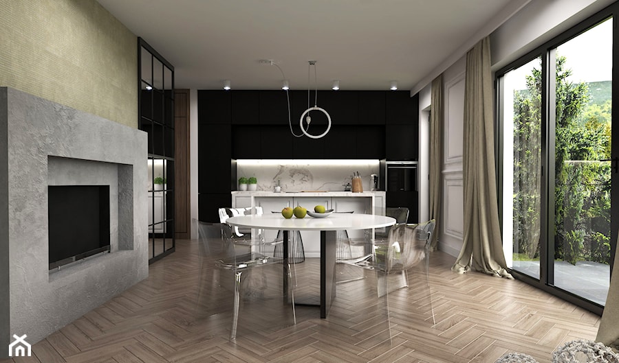 Dom Przodkowo - modern classic - Szary salon z kuchnią z jadalnią z tarasem / balkonem, styl nowoczesny - zdjęcie od Studio 23A