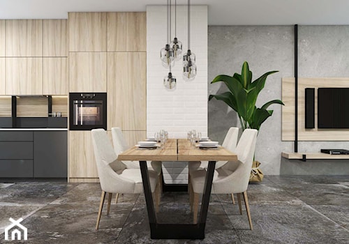 Apartament Gdynia Altoria - Duża beżowa biała szara jadalnia w salonie w kuchni, styl industrialny - zdjęcie od Studio 23A