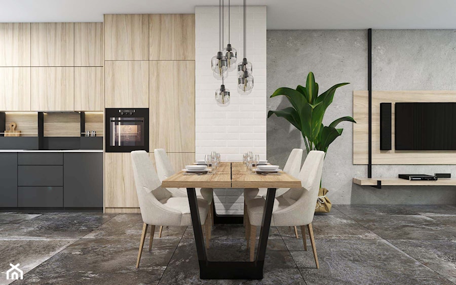 Apartament Gdynia Altoria - Duża beżowa biała szara jadalnia w salonie w kuchni, styl industrialny - zdjęcie od Studio 23A