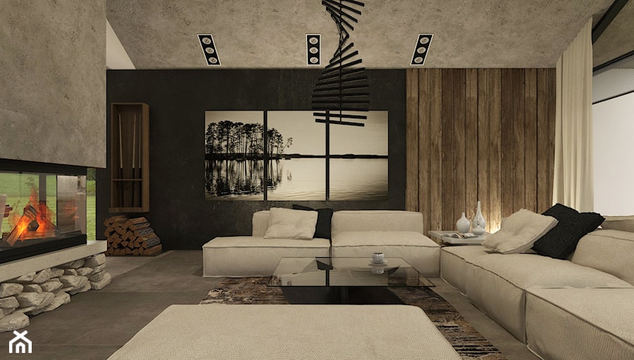 Dom w Miszewku - Duży czarny szary salon, styl industrialny - zdjęcie od Studio 23A