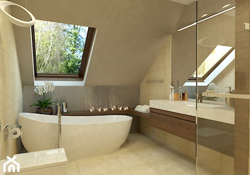 Dom Wygodny 1 - Średnia na poddaszu z lustrem łazienka z oknem, styl nowoczesny - zdjęcie od Studio 23A