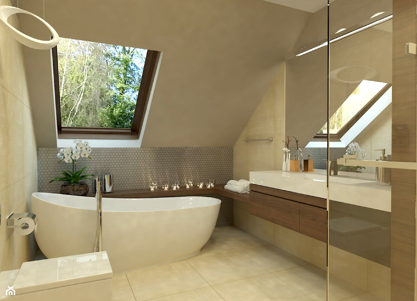 Dom Wygodny 1 - Średnia na poddaszu z lustrem łazienka z oknem, styl nowoczesny - zdjęcie od Studio 23A - Homebook