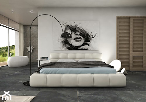 Minimalistycznie - dom Wejherowo - Duża biała szara sypialnia z łazienką z balkonem / tarasem, styl minimalistyczny - zdjęcie od Studio 23A
