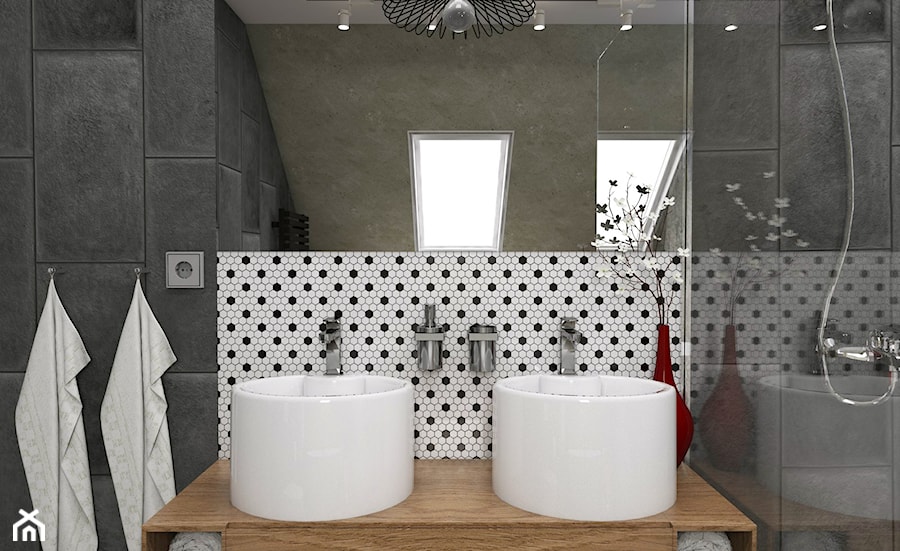 Dom Gdynia - Mała na poddaszu z lustrem z dwoma umywalkami łazienka z oknem, styl industrialny - zdjęcie od Studio 23A