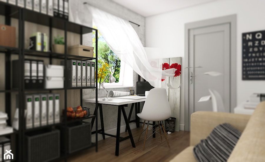 Dom Gdynia - Średnie w osobnym pomieszczeniu z sofą białe szare biuro, styl industrialny - zdjęcie od Studio 23A