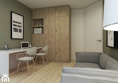 Dom w Pigwowcach - Średnie z sofą z zabudowanym biurkiem zielone biuro, styl nowoczesny - zdjęcie od Studio 23A