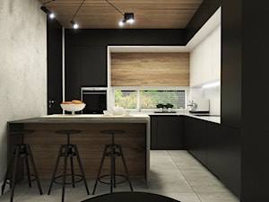 Dom Połczyno - Średnia otwarta z kamiennym blatem czarna szara z zabudowaną lodówką kuchnia w kształcie litery g z oknem, styl nowoczesny - zdjęcie od Studio 23A